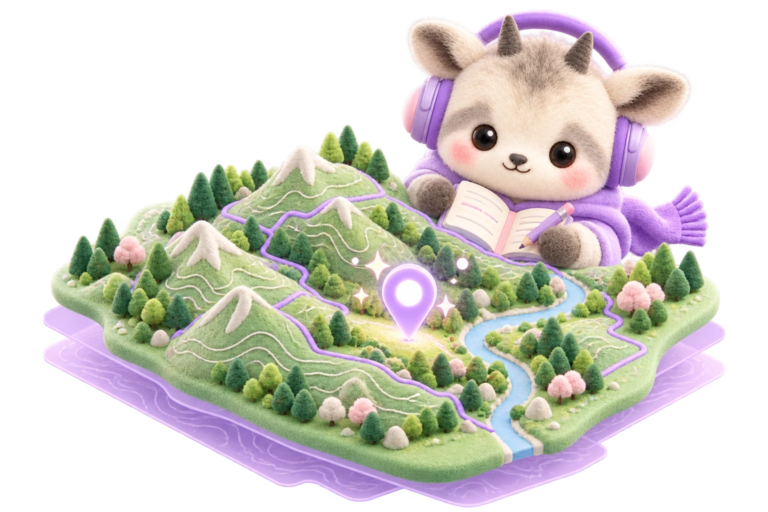 アプリアイコンと同じキャラクターが、柔らかな地形と現在地のピンを見守るイメージ